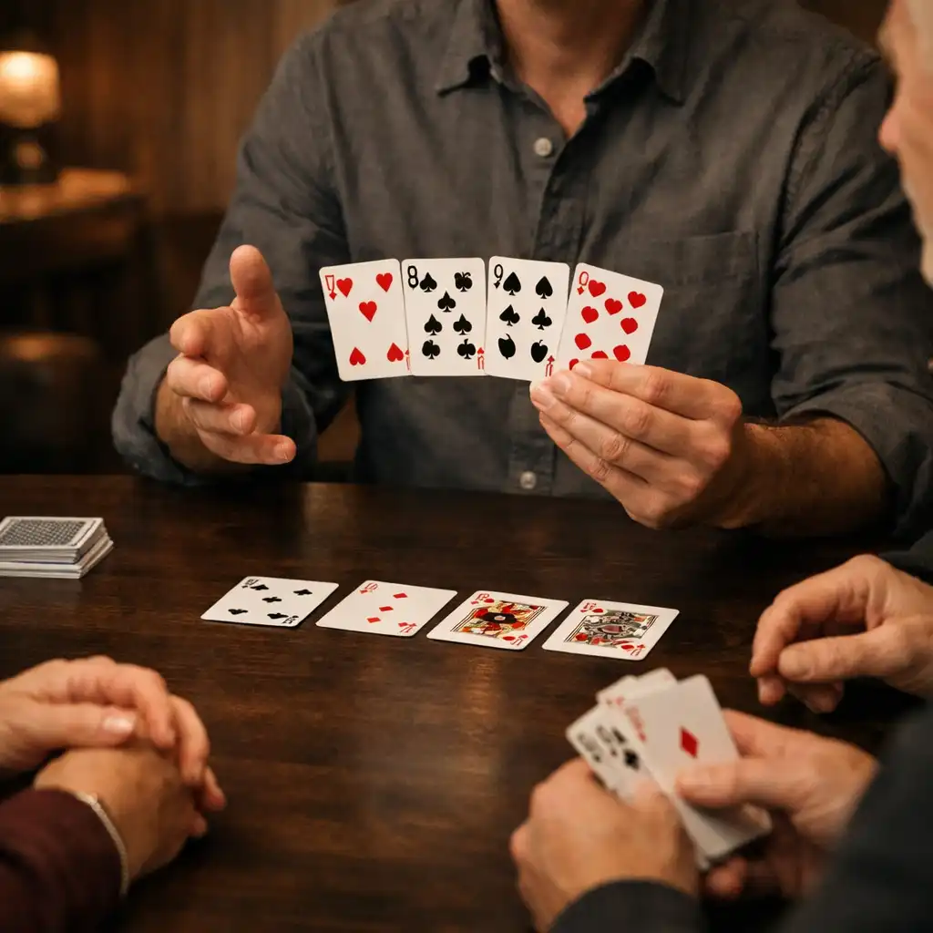 Personne hôte expliquant une séquence de cartes à un groupe autour d’une table