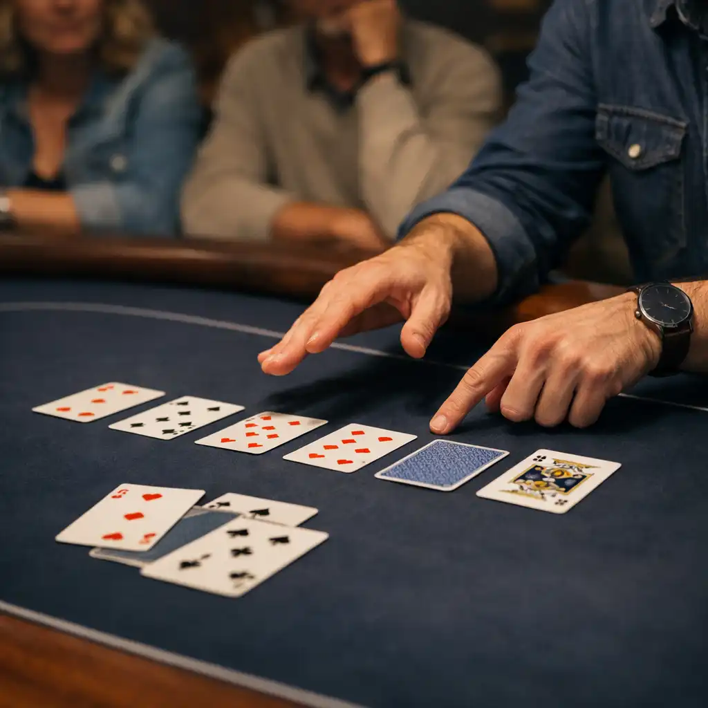 Mains d’un animateur expliquant les cartes autour d’une table physique Seerovian