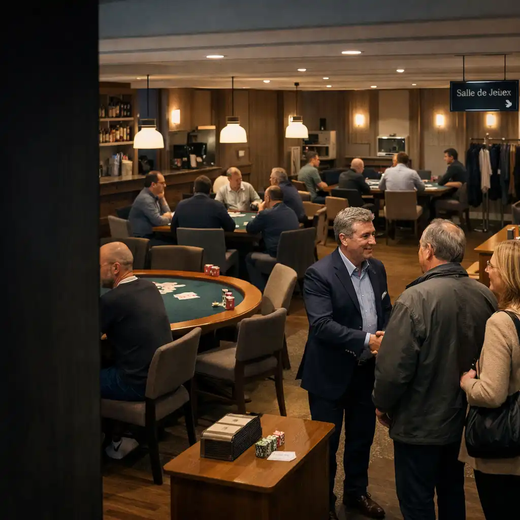 Arrivée dans le card lounge Seerovian, avec des invités et des tables de cartes en présentiel