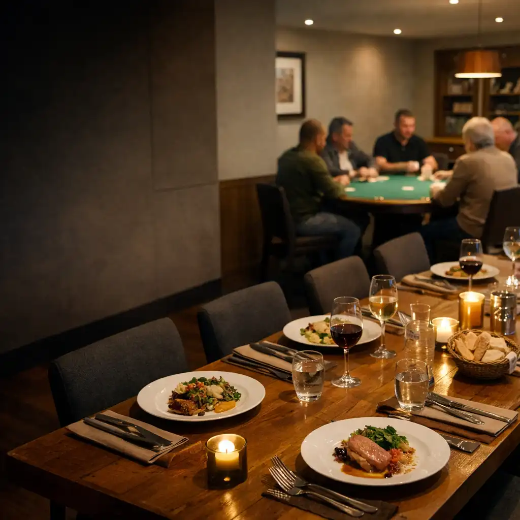 Grande table dressée dans un restaurant avec un espace cartes animé en arrière-plan