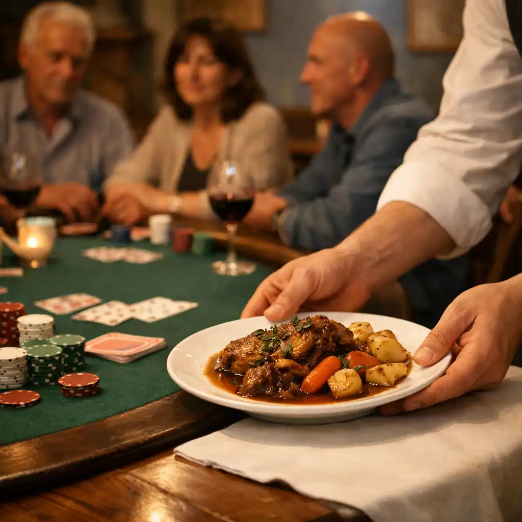 Service d'une assiette à proximité d'une table de cartes dans un restaurant