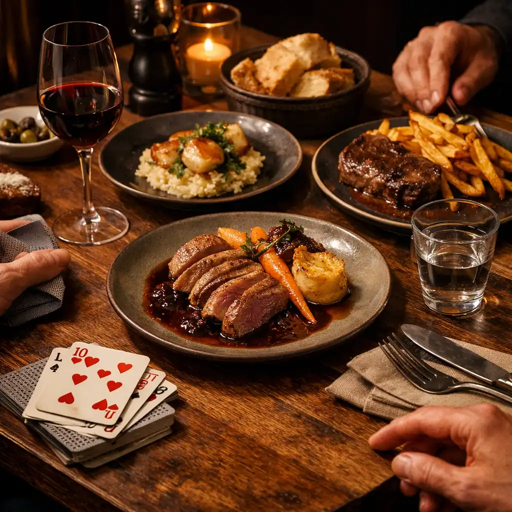 Table dressée pour un dîner partagé dans un lieu où l’espace cartes reste perceptible