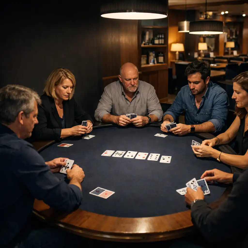Groupe d’adultes réuni autour d’une grande table de cartes dans un card lounge