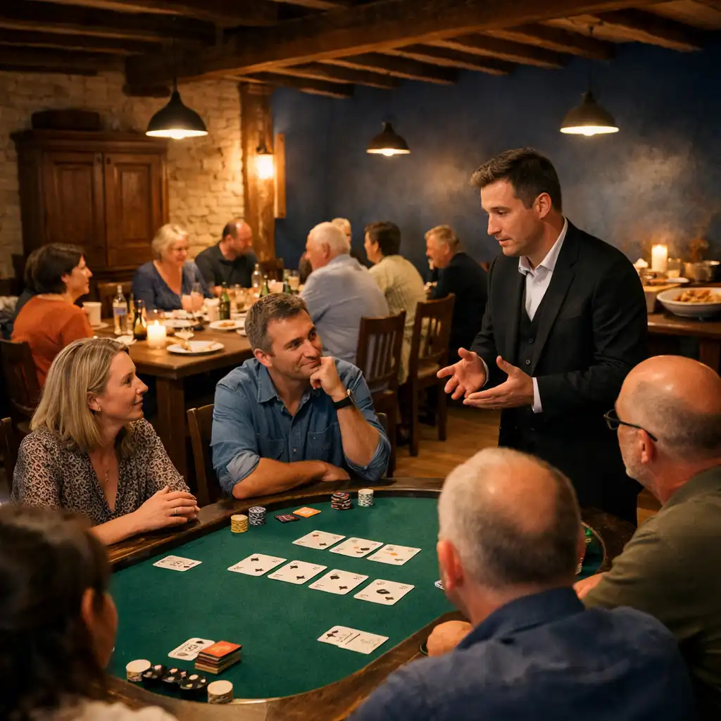 Groupe privé adulte échangeant autour de tables de repas et d’une table de cartes dans un lieu chaleureux.