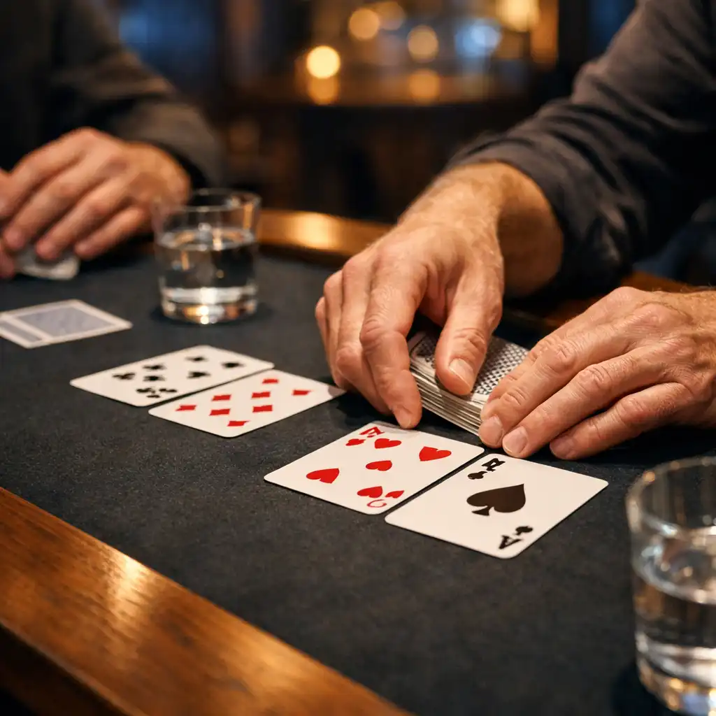 Mains adultes disposant des cartes sur un tapis sombre, avec le bois de la table visible.