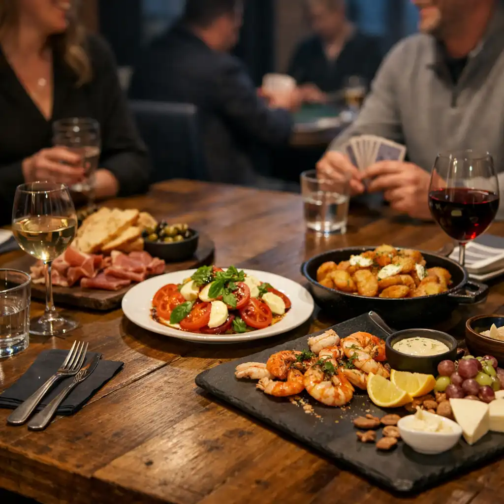 Pause restaurant partagée pendant une soirée dans le card lounge Seerovian
