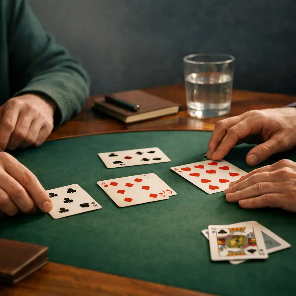 Mains adultes disposant des cartes sur une table de poker lors d’une animation sur place.