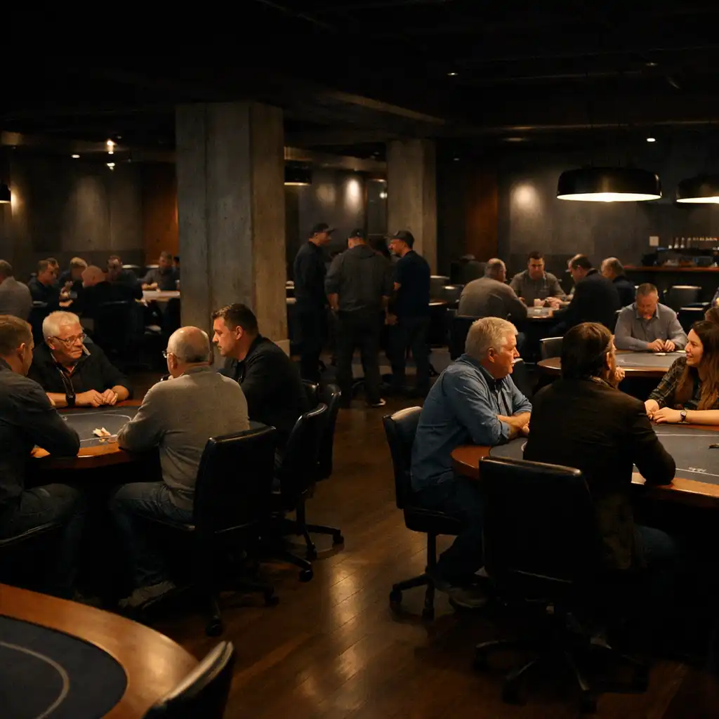 Vue d’ensemble d’une salle de cartes avec tables de poker en présentiel et groupes en discussion.