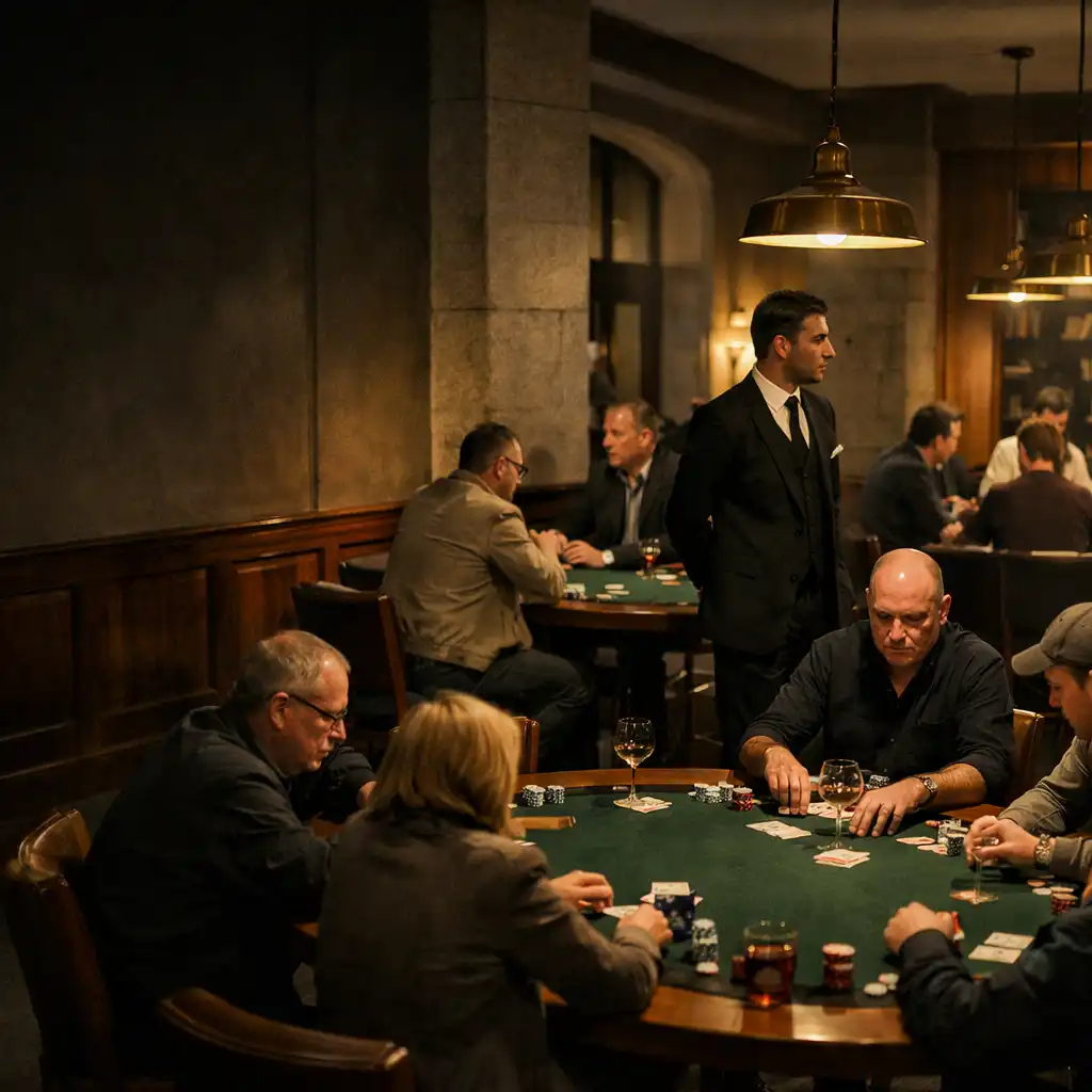 Soirée dans une card lounge avec tables de cartes, convives et hôte présents
