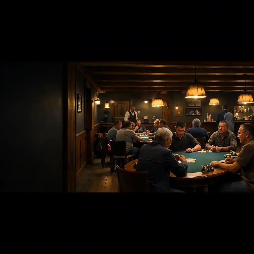 Salle principale avec tables de poker physiques et groupes en conversation pendant une soirée sur place.