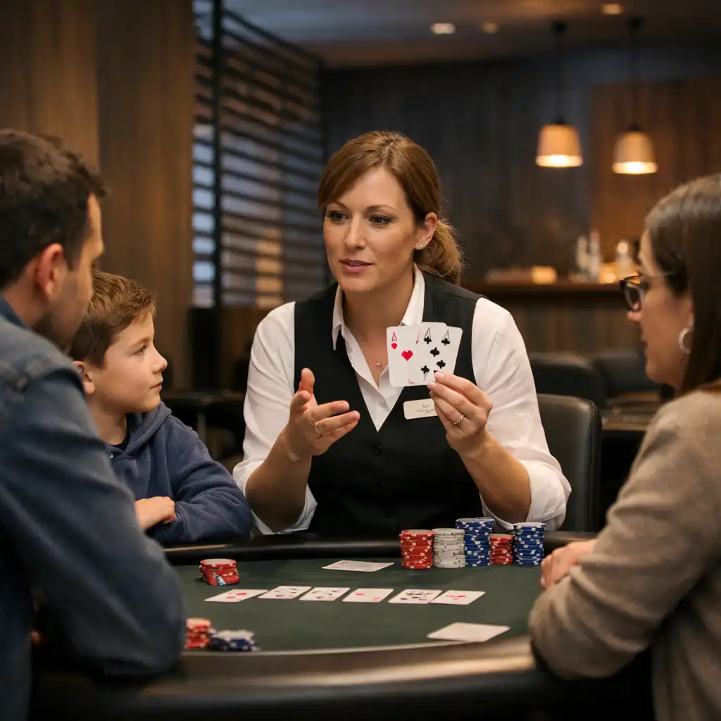 Hôte expliquant calmement un jeu de cartes à un petit groupe dans le card lounge.